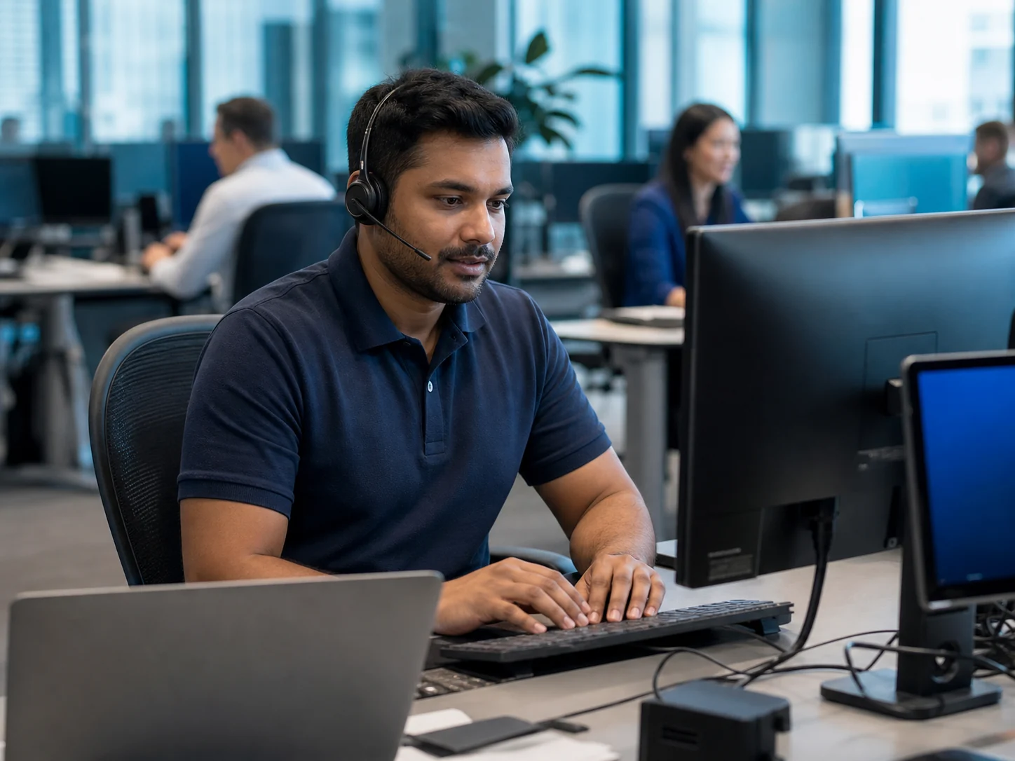 IT support engineer assisting users in a modern corporate office